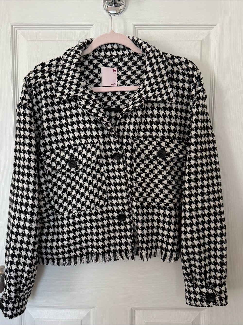 NWOT SO Black & White Houndstooth Cropped Oversize Jacket w/ Frayed Hem Size XL